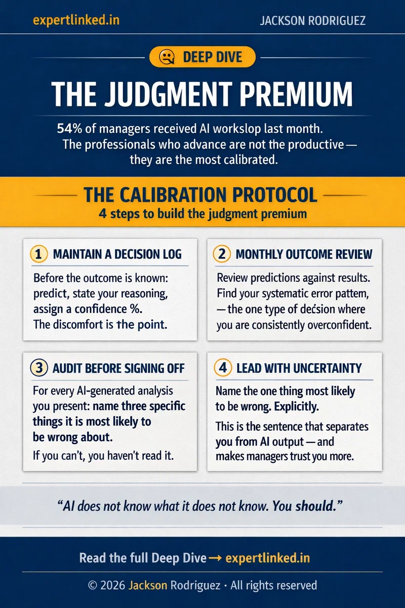 Editorial infographic titled 'The Judgment Premium' showing the four-step Calibration Protocol: maintain a decision log, monthly outcome review, audit before signing off, and lead with uncertainty — against a dark navy and amber gold design.