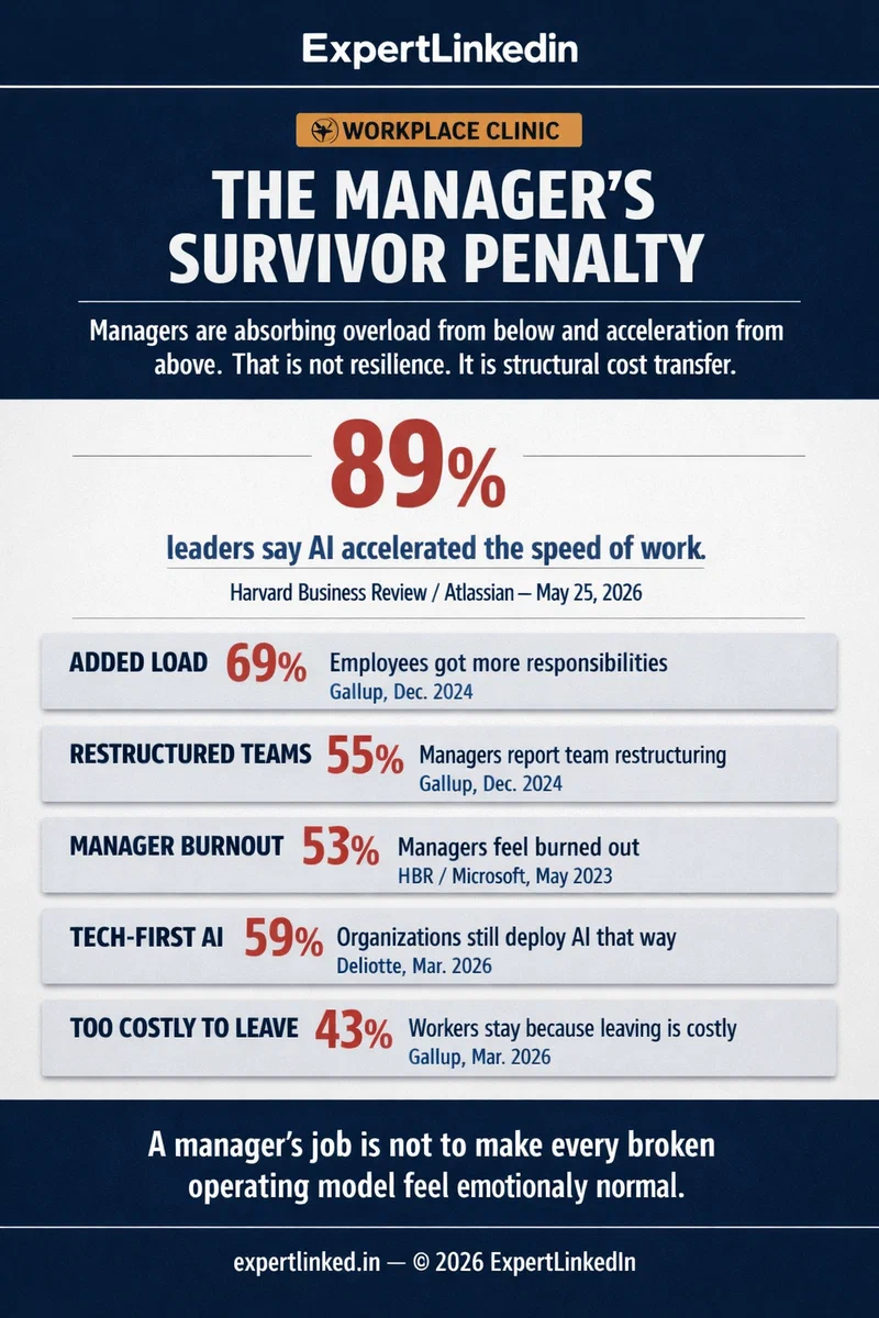 A vertical infographic showing one key AI speed statistic, five manager-squeeze data signals, and a three-move response for overloaded managers after restructuring