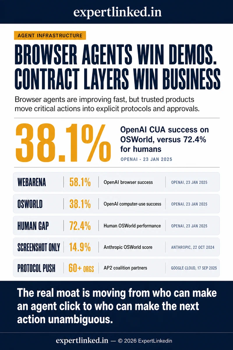Infographic comparing browser-agent benchmark results and protocol-layer trust signals, including OpenAI CUA scores on WebArena and OSWorld, Anthropic's screenshot-only OSWorld score, and Google's AP2 coalition size.