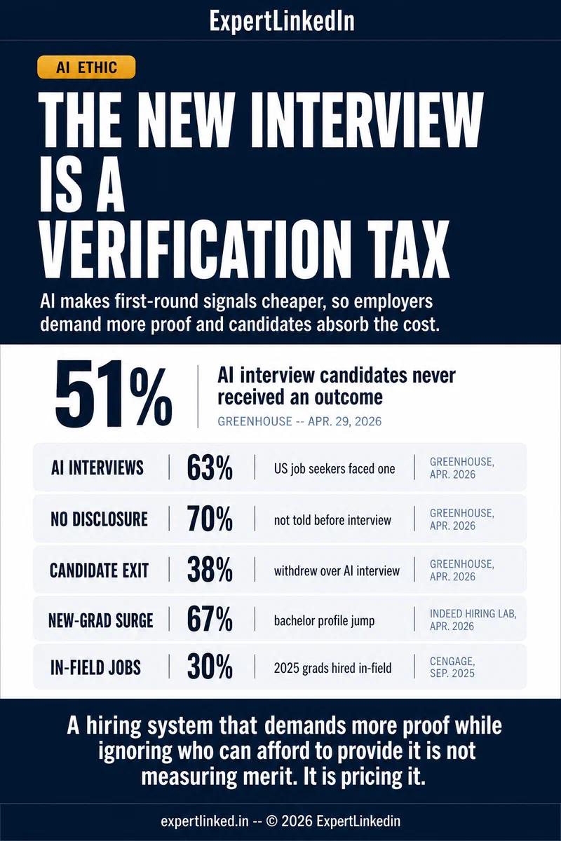 Editorial infographic showing AI hiring verification burden through candidate-experience and labor-market signals: AI interview adoption, non-disclosure, candidate dropout, new-graduate profile growth, and weak in-field job placement.