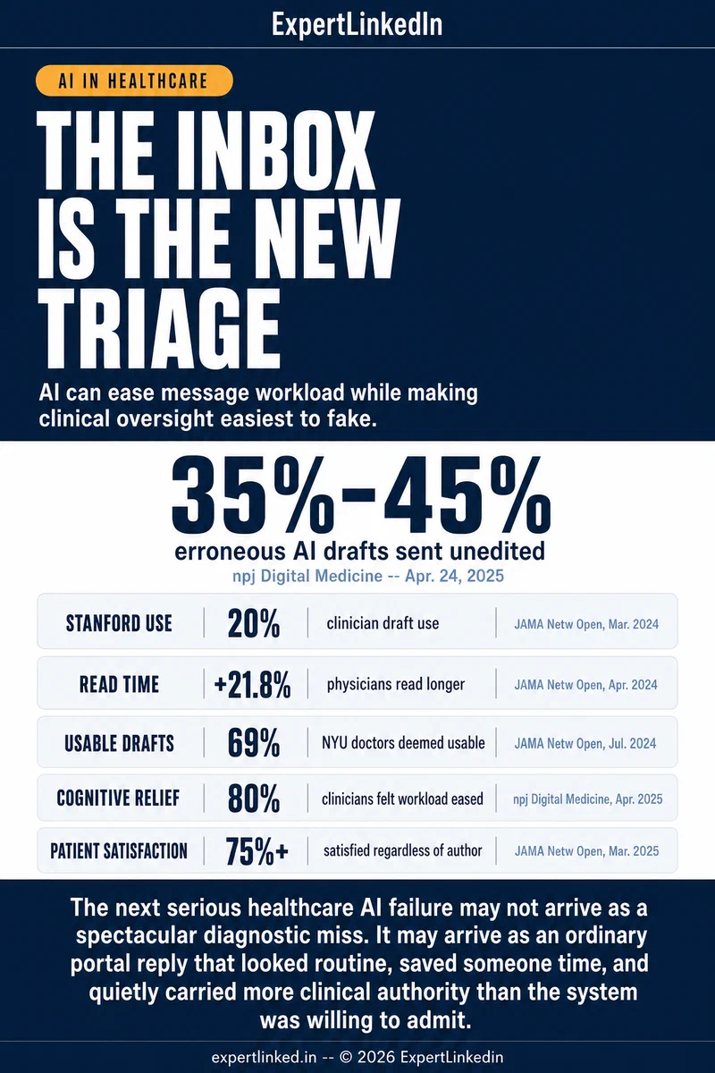 Editorial infographic showing five patient-inbox AI signals across Stanford, UC San Diego, NYU Langone, Duke, and npj Digital Medicine studies: draft utilization, longer read time, usable-draft rates, unedited error rates, and patient satisfaction with AI-drafted replies.