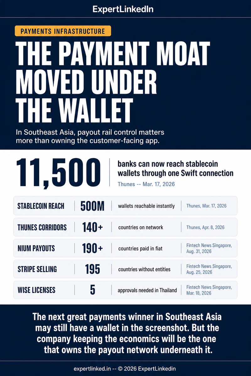 Editorial infographic showing how Southeast Asia's payment moat is shifting from consumer wallet apps to the licensed payout and settlement layer, with signals for 11,500 Swift banks, 500 million reachable stablecoin wallets, 140-plus Thunes corridors, 190-plus Nium payout countries, 195 Stripe selling markets, and the five licences Wise needed in Thailand.