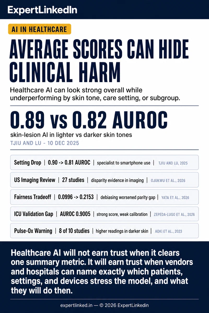 Vertical infographic comparing subgroup-performance warning signs in healthcare AI, including skin-tone AUROC gaps, care-setting drops, diabetes fairness tradeoffs, pulse-ox bias, and ICU-model validation gaps.