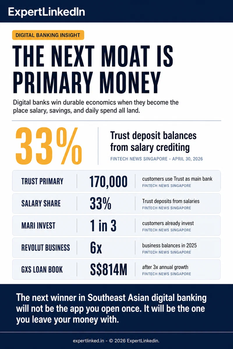 Editorial infographic comparing primary-money signals across Singapore digital banks, with Trust's primary-bank usage and salary-share, MariBank's investment adoption, Revolut's business-balance growth, and GXS's expanding loan book.