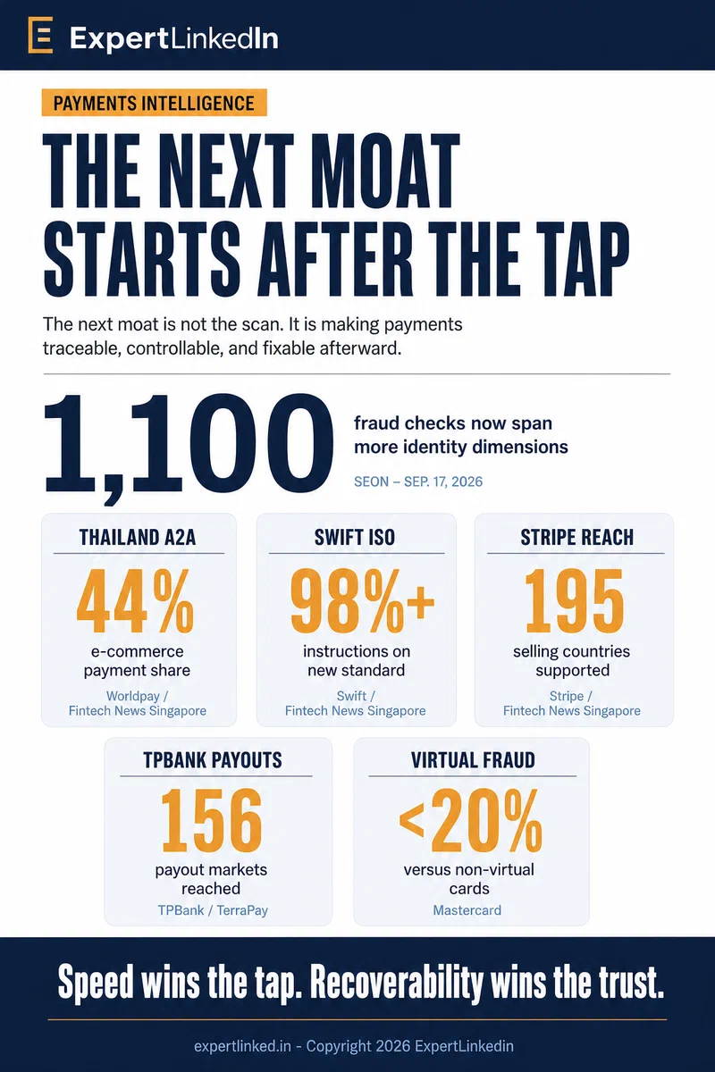 Editorial infographic showing five post-transaction trust signals in Southeast Asian payments, including Thailand's A2A share, Swift ISO 20022 adoption, Stripe's 195-country selling reach, TPBank's 156-market payout access, and Mastercard's lower virtual-card fraud rate.