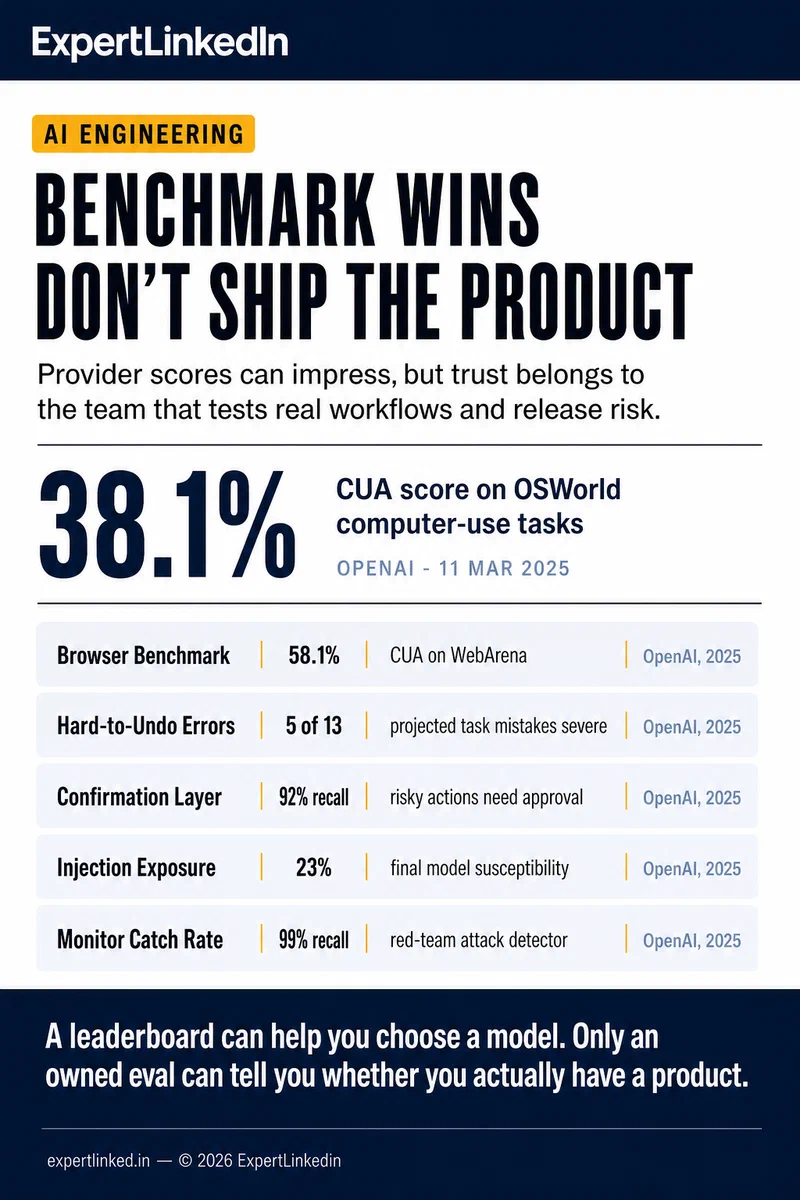 Vertical infographic contrasting agent benchmark scores and operational safety metrics, including OSWorld, WebArena, hard-to-undo mistakes, confirmation recall, and prompt-injection defenses.
