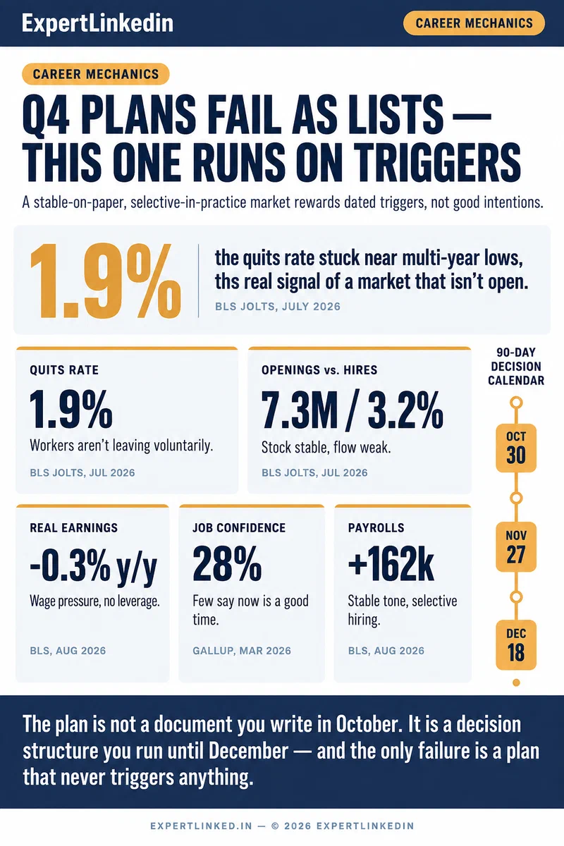 Vertical infographic charting a 90-day Q4 career plan across three decision gates, with labor-market signals (hires 3.2%, quits 1.9%) and trigger-based moves tied to sponsor behavior, workload drift, and evidence deadlines.