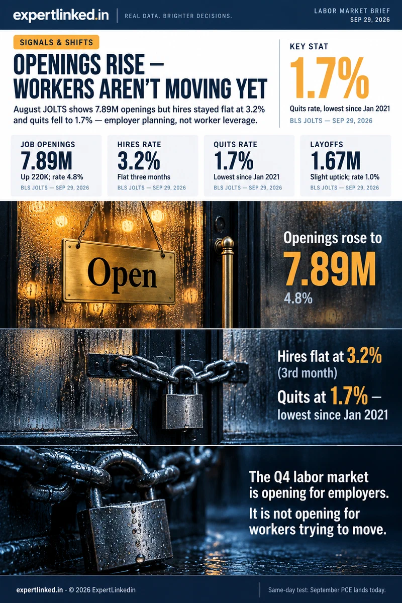 Three-panel infographic showing the triple-divergence in the August 2026 JOLTS report: Panel 1 — Openings rose to 7.89M (surface read). Panel 2 — Hires flat at 3.2% (3rd month). Quits at 1.7% — lowest since Jan 2021 (flow beneath). Panel 3 — October optimism = employer planning energy, not worker bargaining power. Closing line: The Q4 labor market is opening for employers, not for workers trying to move.