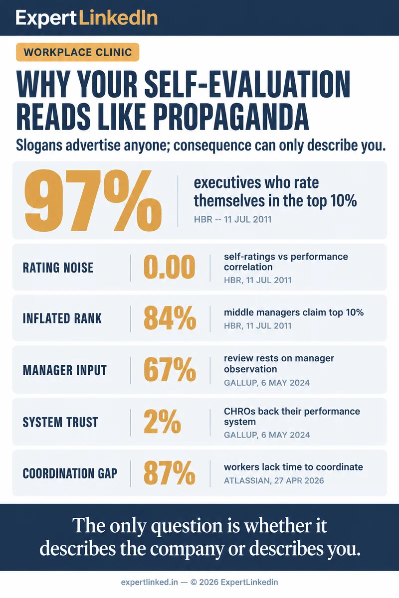 A comparison grid contrasting slogan language that could advertise anyone with record language naming consequence, friction removed, and what would have broken; supported by data points from HBR, Gallup, APA, Atlassian, and a Cornell corporate-speak study
