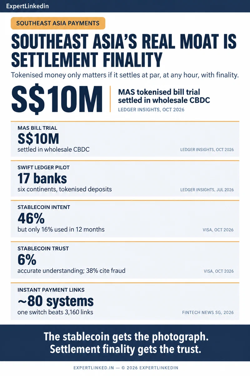 Editorial infographic comparing Southeast Asia's tokenised-money settlement race, showing MAS's S$10 million tokenised bill trial settled in wholesale CBDC, the first live SGD interbank tokenised deposit payments by DBS, OCBC and UOB, Swift's 17-bank shared ledger, Visa's 46% stablecoin intent against 16% usage, and Project Nexus linking roughly 80 instant payment systems.