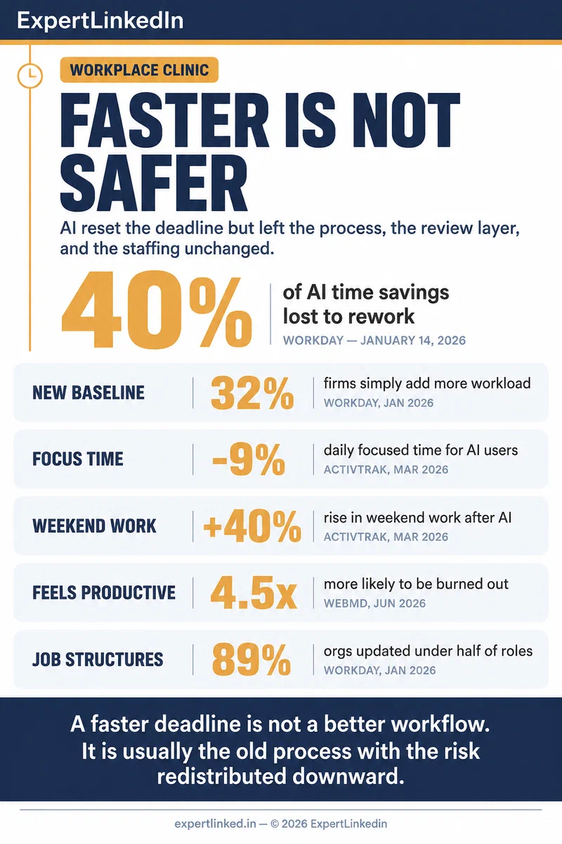 Vertical infographic showing how AI speed became the new baseline: 40% of AI time savings lost to rework, 32% of firms adding workload, a 9% drop in daily focus time, weekend work up more than 40%, a 4.5x higher burnout risk for those who feel most productive, and 89% of organizations updating fewer than half of roles.