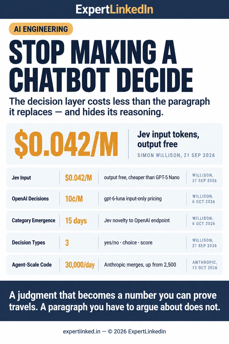 Data infographic contrasting generative models that write paragraphs with decision models that return a typed number, showing Jev and OpenAI input-only pricing, three decision types, and Anthropic's agent-scale code volume.