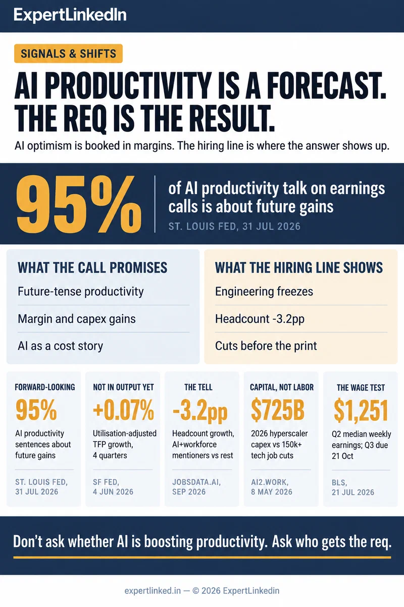 A four-signal data infographic showing that 95% of AI productivity talk on earnings calls is forward-looking, utilisation-adjusted TFP growth of only 0.07% over four quarters, a 3.2 percentage-point headcount gap at companies citing AI plus workforce, and $725 billion of 2026 hyperscaler capex against 150,000-plus tech layoffs, with the $1,251 Q2 median weekly earnings as the wage test.