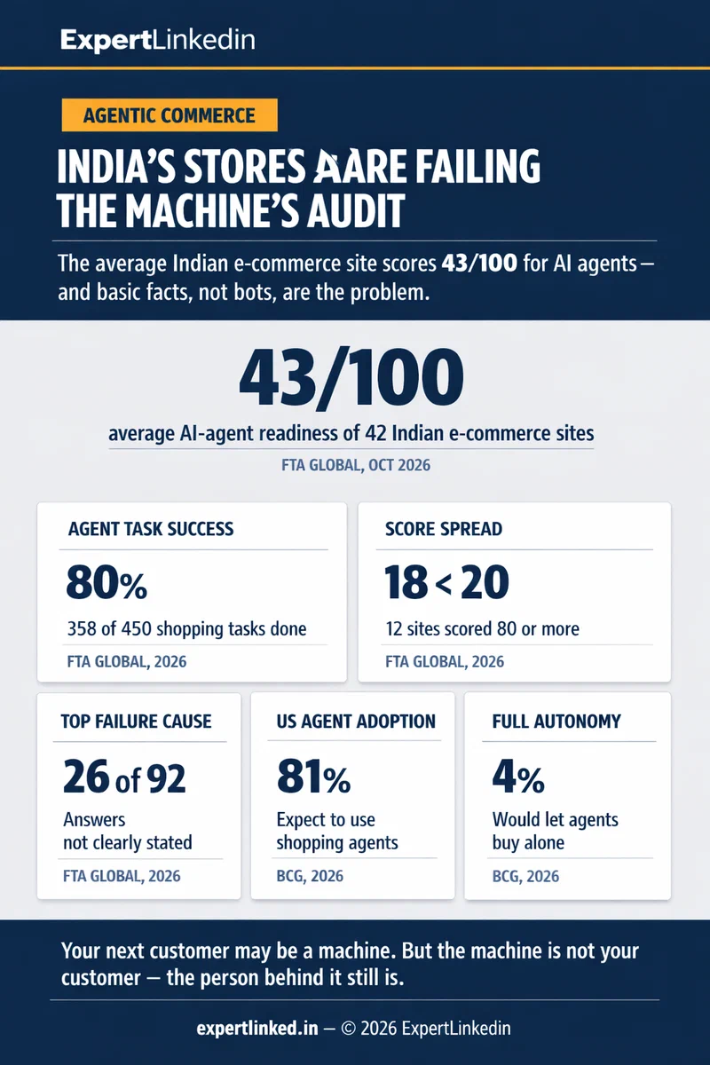 Vertical infographic on India's 2026 agent-readiness scorecard: the average 43/100 score, 80% agent task completion, the failure causes behind it, and adoption signals from BCG and FTA Global.