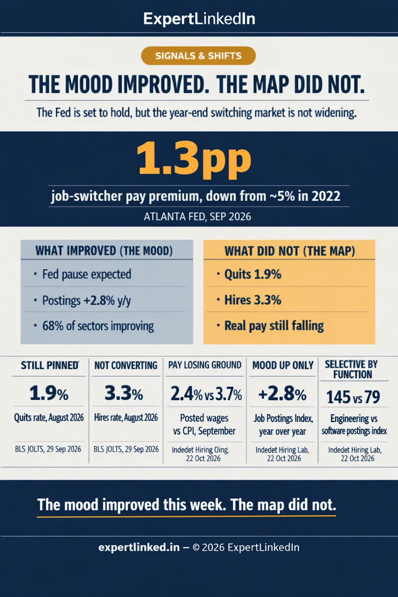 A two-column data infographic contrasting what improved (Fed hold expected, JPI up 2.8% year over year, 68% of sectors improving) against what did not (quits 1.9%, hires 3.3%, posted wages 2.4% vs CPI 3.7%, switcher premium about 1.3 points), with a data strip on the September jobs and CPI prints and a closing line separating relief from leverage.