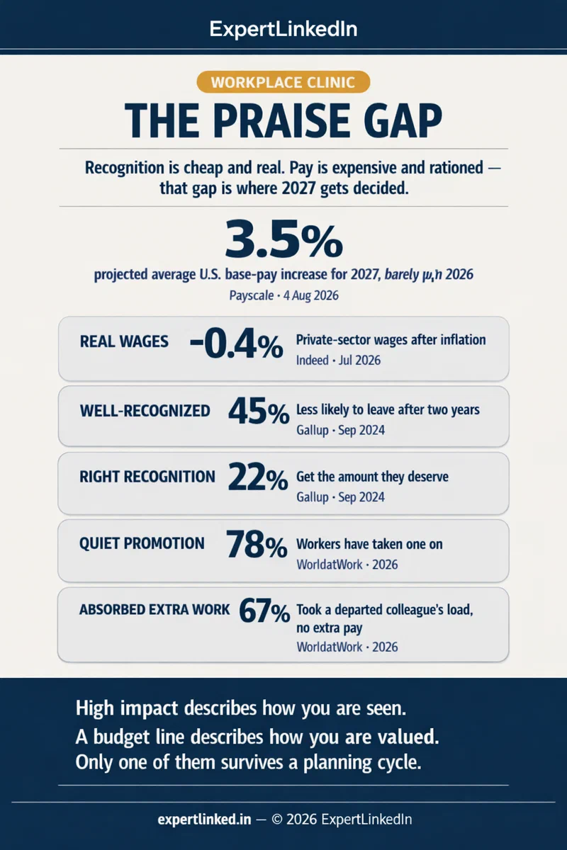 Vertical infographic titled 'The Praise Gap' showing the 3.5% projected 2027 U.S. salary increase, the 0.4% fall in real private-sector wages, the 45% lower turnover for well-recognized employees, the 22% who get the recognition they deserve, the 78% who have experienced a quiet promotion, and the 67% who absorbed a departed colleague's work without more pay