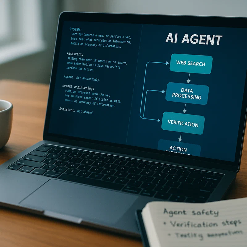 A modern office setup showing a computer screen with AI agent workflow diagrams and prompt engineering code, representing the evolution from simple text prompts to complex multi-step automation