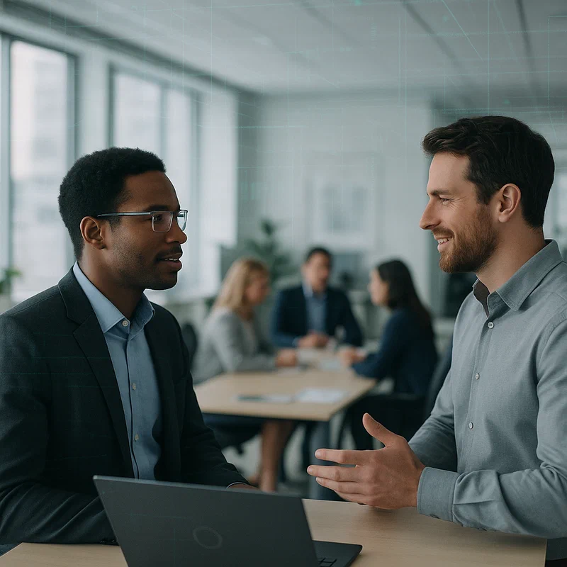 A modern office environment showing employees in various meetings and conversations, with subtle visual effects suggesting invisible AI surveillance systems monitoring and analyzing interactions