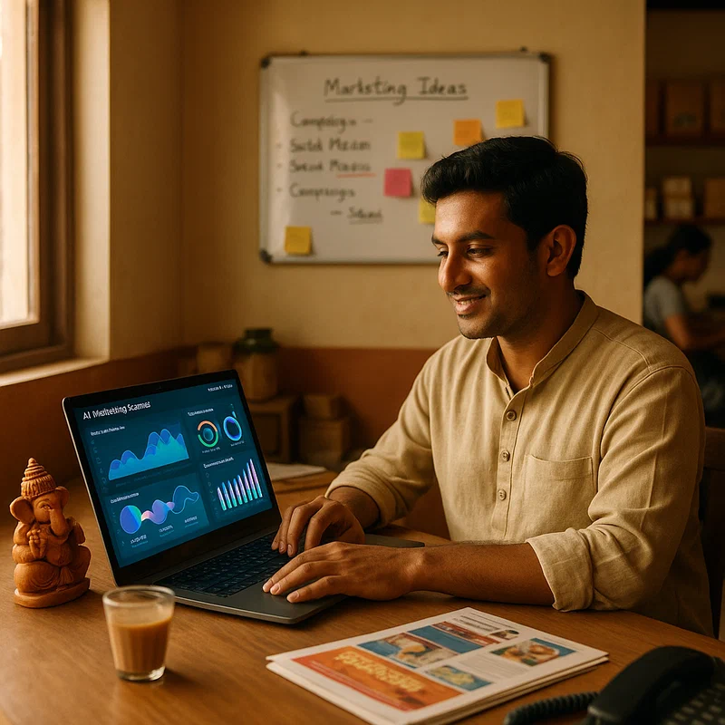 Small business owner using AI marketing tools on laptop
