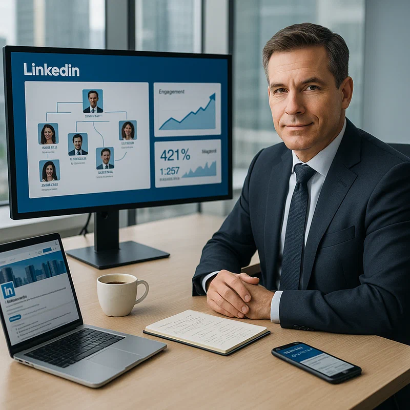 Corporate executive reviewing employee advocacy analytics showing dramatic reach increase
