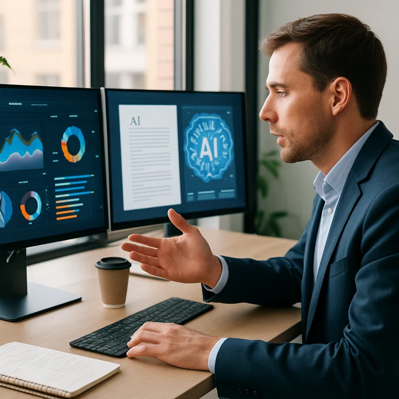 Professional working with AI tools across multiple screens showing the blend of human judgment and technological capabilities