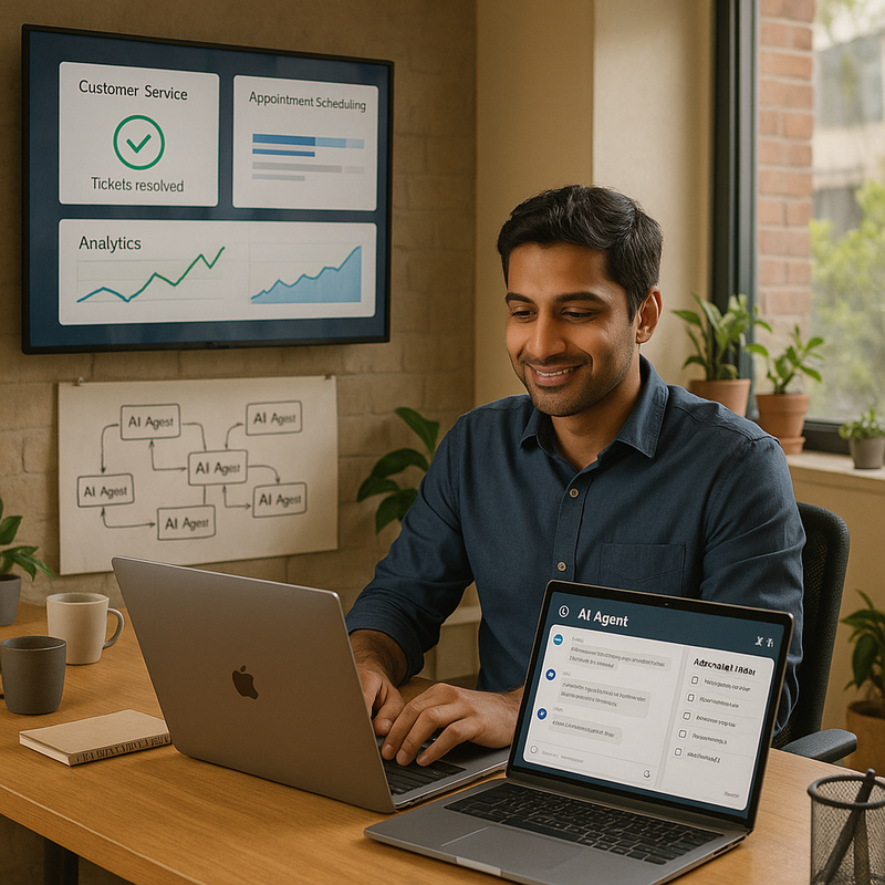Small business owner working alongside AI agents on multiple screens showing automated workflows