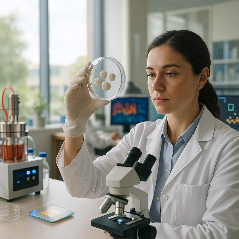 Scientists examining brain organoids in a modern laboratory setting