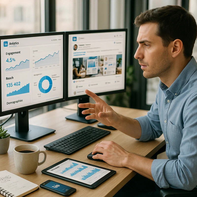 Professional reviewing LinkedIn analytics dashboard showing engagement metrics and algorithm performance data on multiple screens
