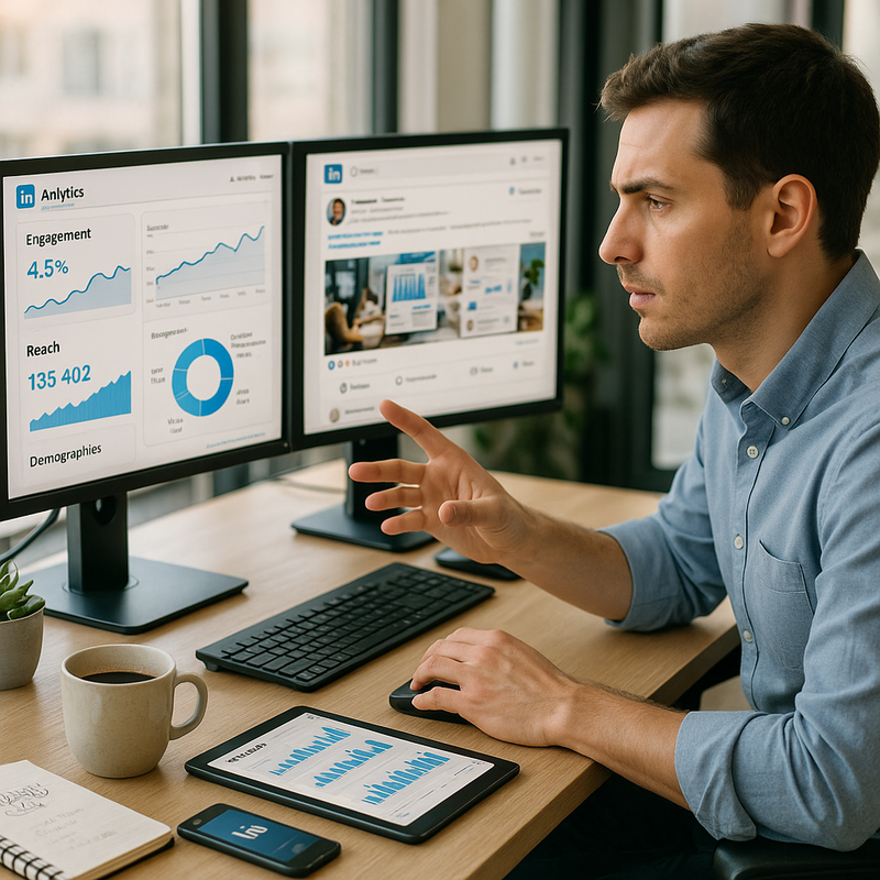 Professional reviewing LinkedIn analytics dashboard showing engagement metrics and algorithm performance data on multiple screens