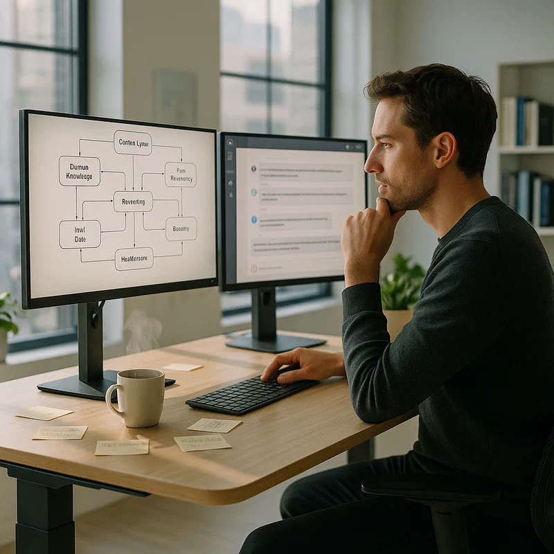 Professional working at a modern desk with multiple monitors displaying AI workflow diagrams, context maps, and collaborative prompting interfaces in a bright office environment