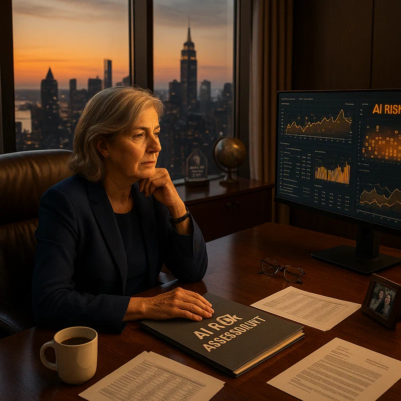 Insurance executive reviewing AI risk assessment documents in a modern office with cityscape view through large windows