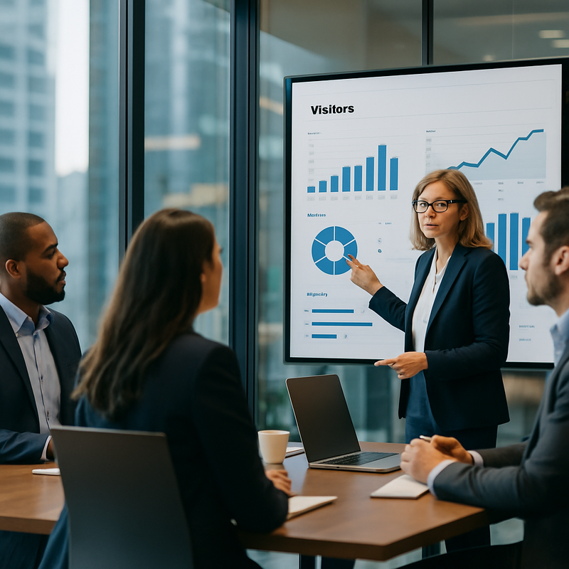Corporate communications team reviewing LinkedIn strategy documents on large screen monitor in modern office