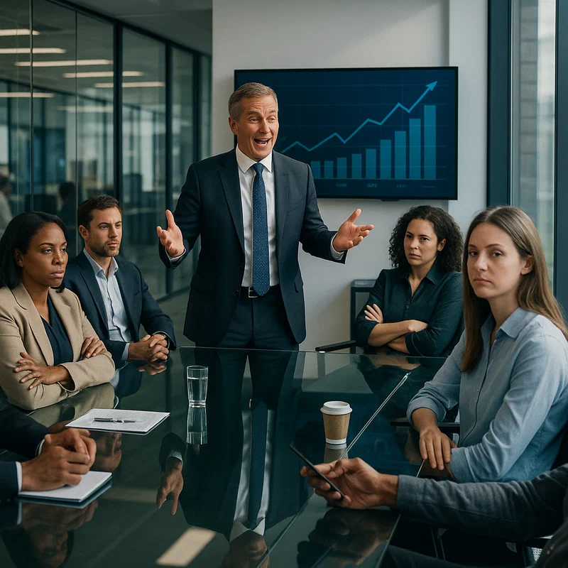 Executive and employees looking in different directions symbolizing perception gap