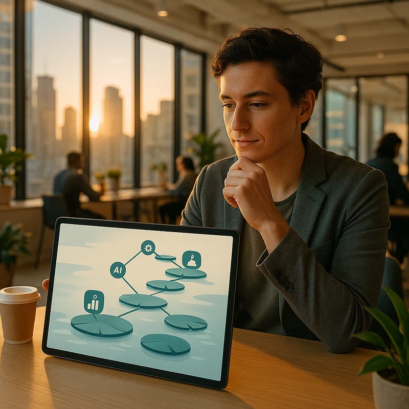 Professional reviewing career path options on a tablet in a modern co-working space, with career trajectory diagrams visible on the screen