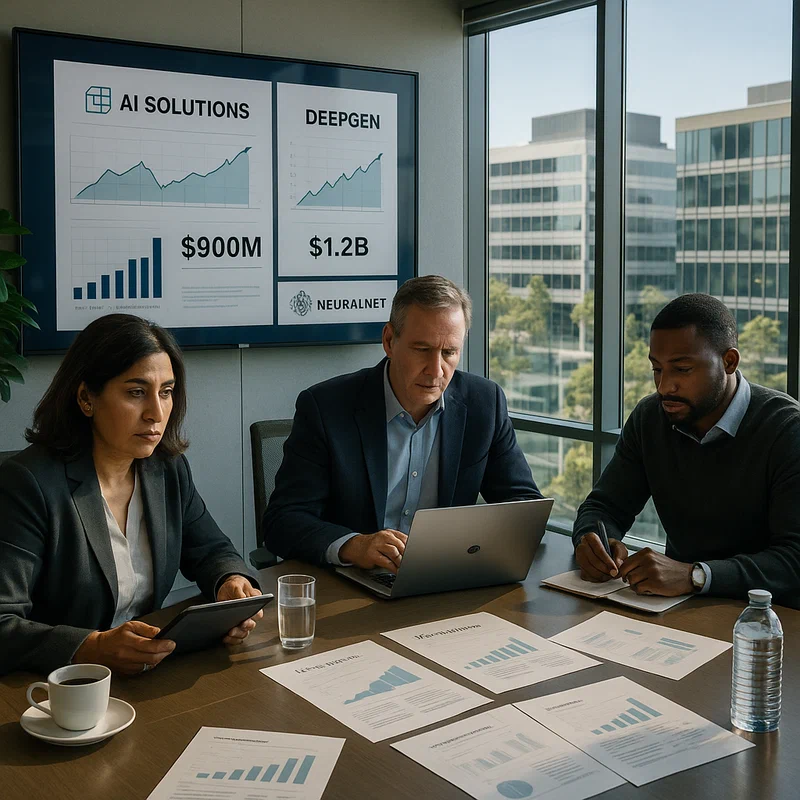 Venture capital meeting with investors reviewing AI startup pitches on screens and tablets