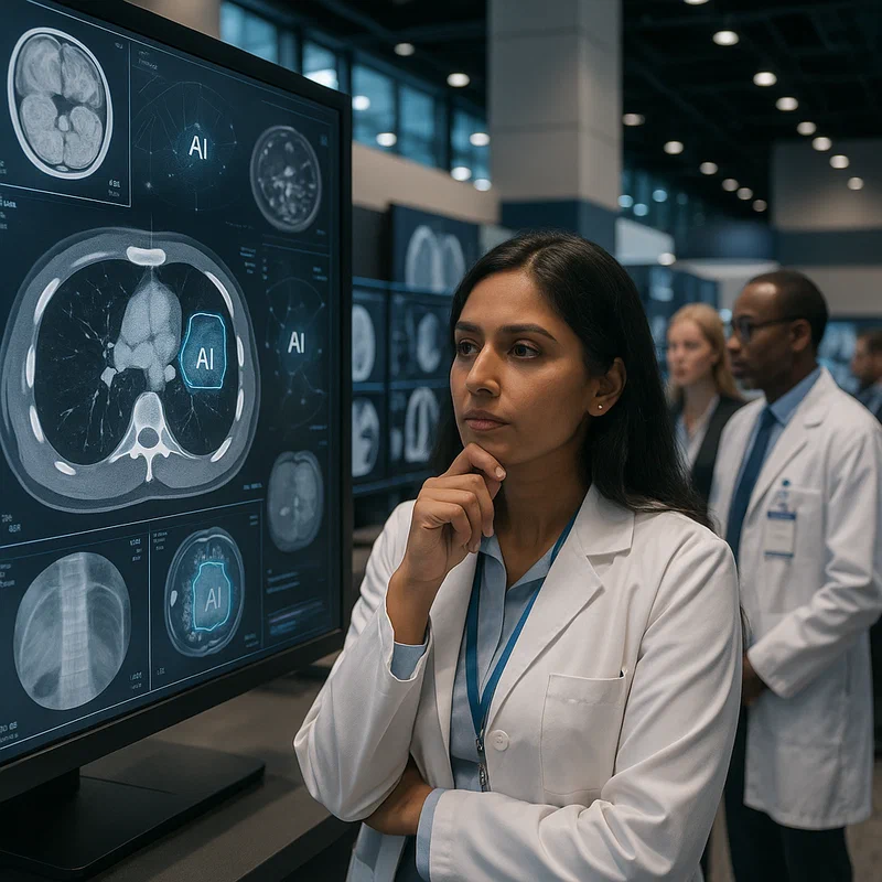 Radiologists examining AI-enhanced medical imaging displays at a modern medical conference