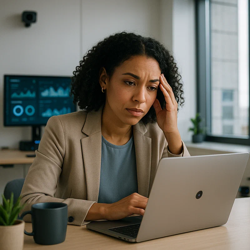 Modern office environment showing subtle AI monitoring elements integrated into daily work