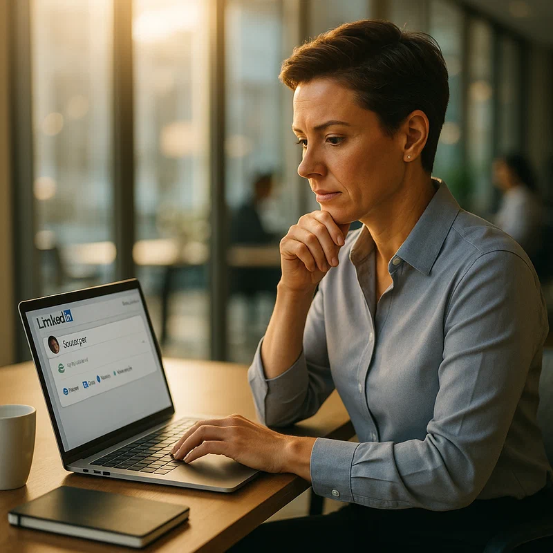 Professional in modern office setting crafting a LinkedIn announcement on laptop, natural lighting through windows, authentic workplace environment