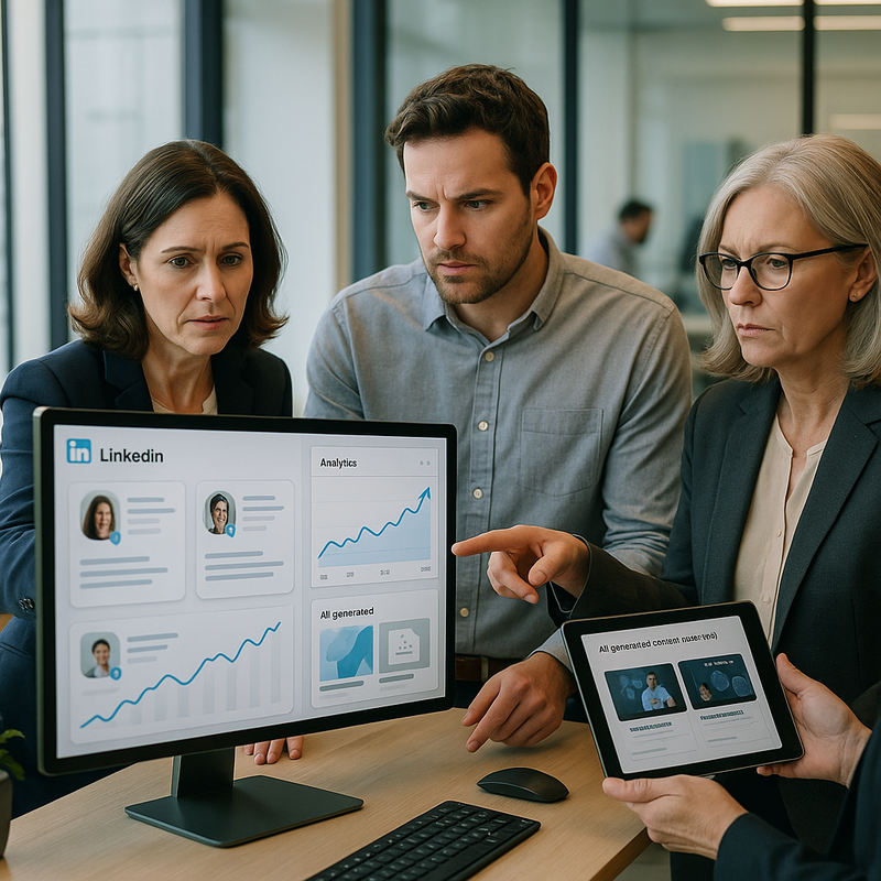 Corporate professionals reviewing LinkedIn analytics on a large monitor in a modern office
