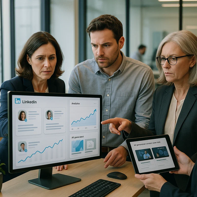 Corporate professionals reviewing LinkedIn analytics on a large monitor in a modern office