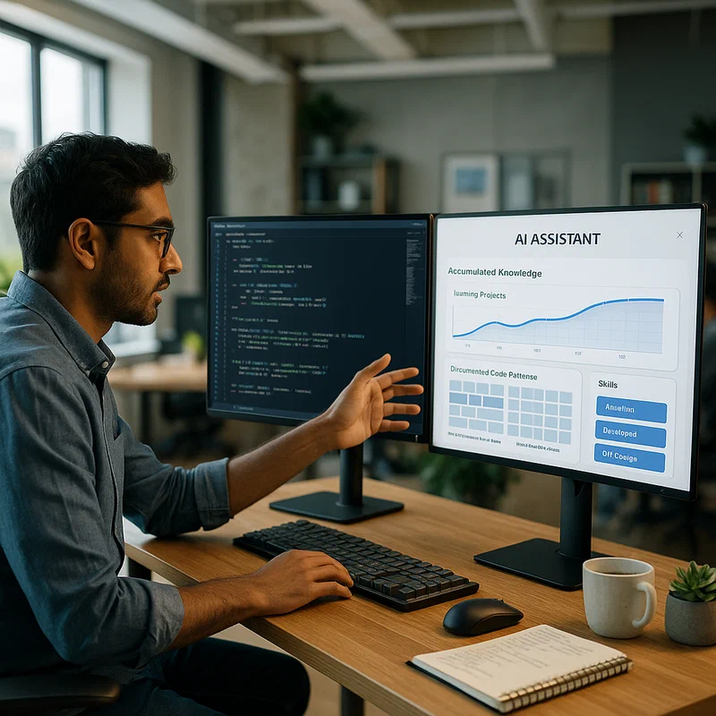 A developer reviewing code on multiple monitors while an AI assistant interface displays accumulated knowledge and learned patterns in a modern office setting
