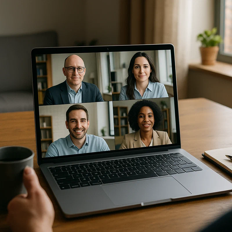 A professional video conference call interface showing multiple participants, with subtle digital artifacts suggesting deepfake manipulation, in a modern home office setting with natural lighting