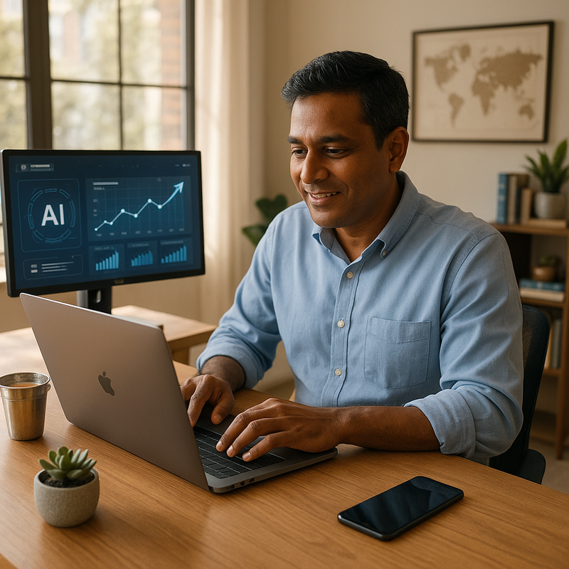 Small business owner using AI tools on laptop in modern office setting