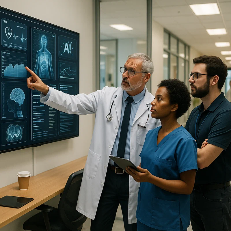 Healthcare professionals working with AI systems in a modern hospital setting