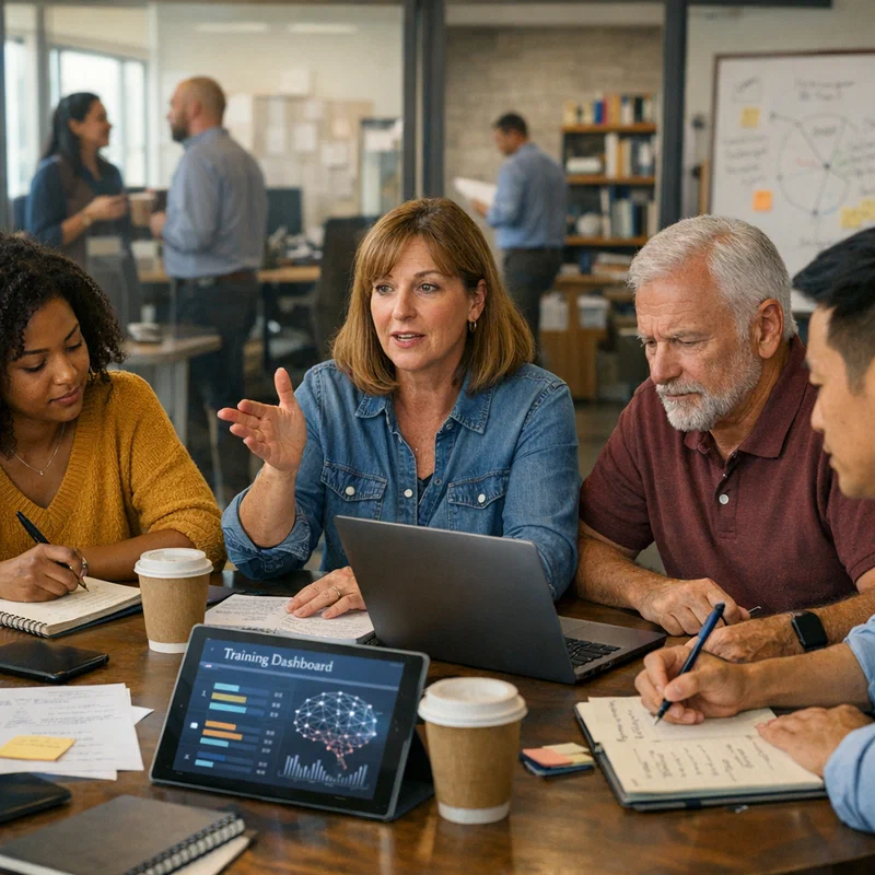Diverse professionals collaborating in a modern office space with AI training materials and technology