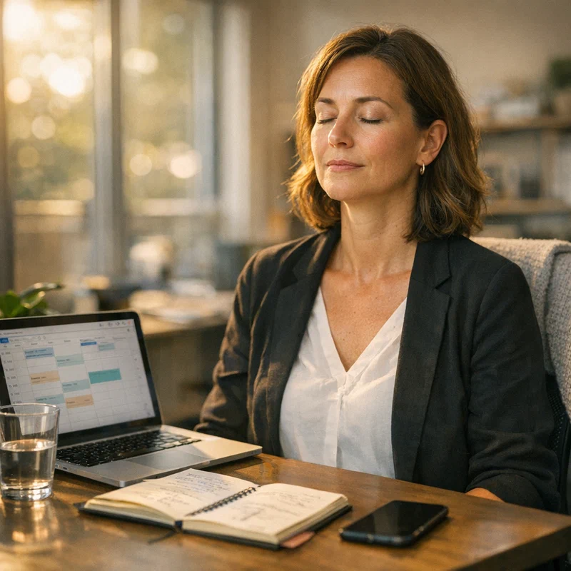 Professional taking a mindful pause at desk with natural lighting