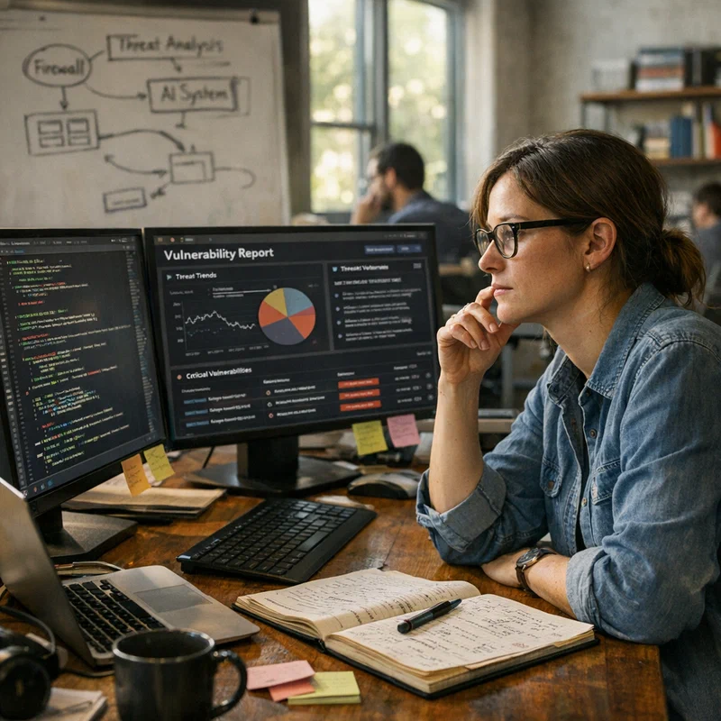 AI security researcher analyzing vulnerability patterns on multiple screens