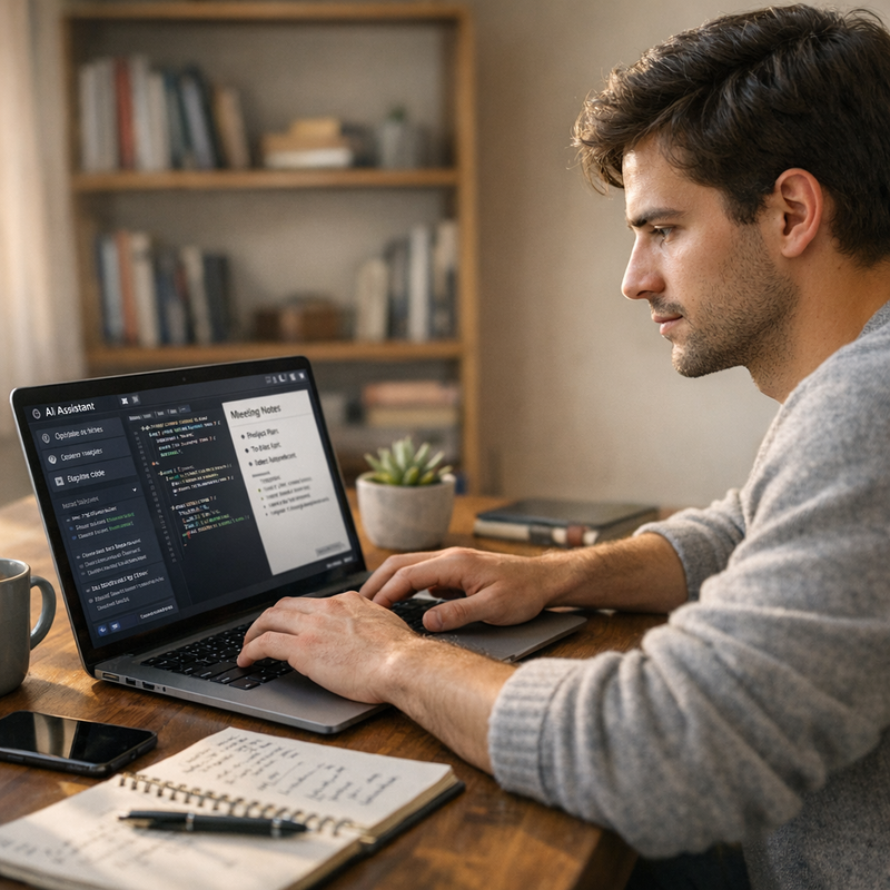 Recent graduate reviewing AI-assisted coding tools at a modern desk with laptop and coffee