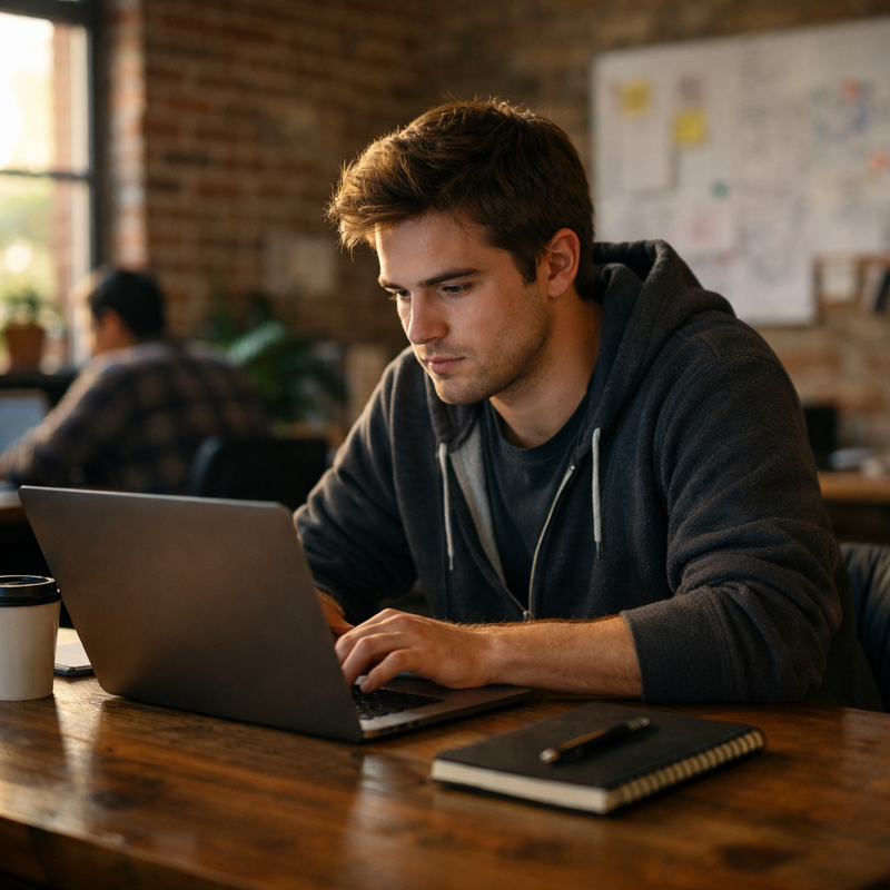 Young entrepreneur working on laptop in a casual startup office setting