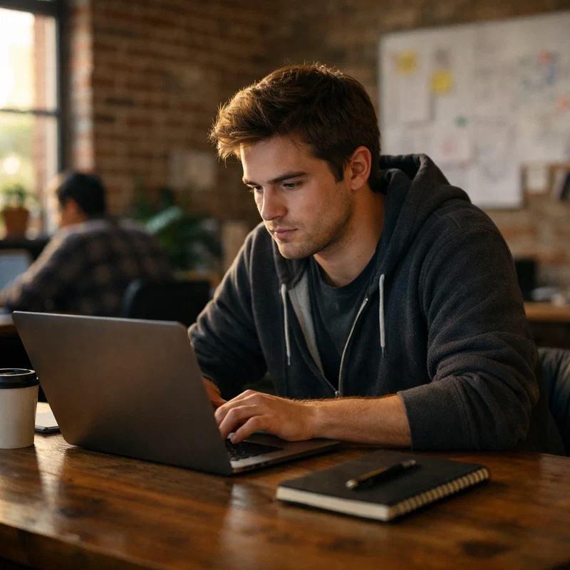 Young entrepreneur working on laptop in a casual startup office setting